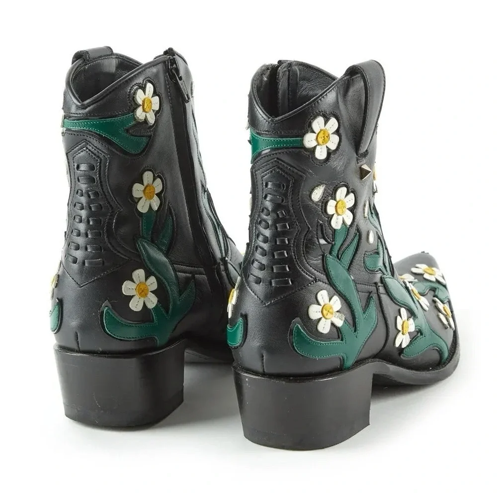 Valentino Garavani Black Leather Daisy Ankle‎ Cowboy Boots 5.5 - 6 Women Size 36
